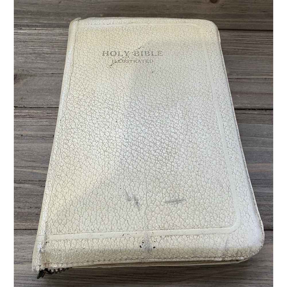 World Publishing KJV Bible Illustrated Zip Up Vintage 6.5x4.5 White Good